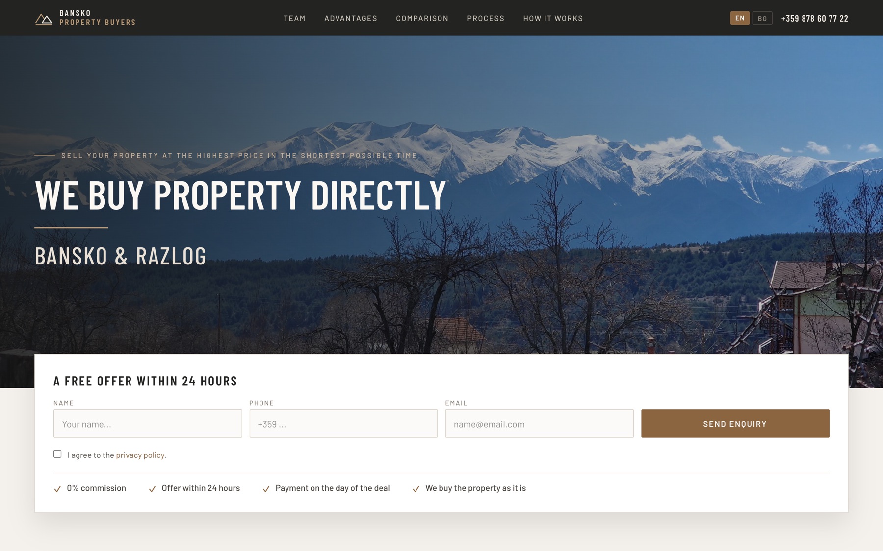 Началната страница на banskopropertybuyers.com.